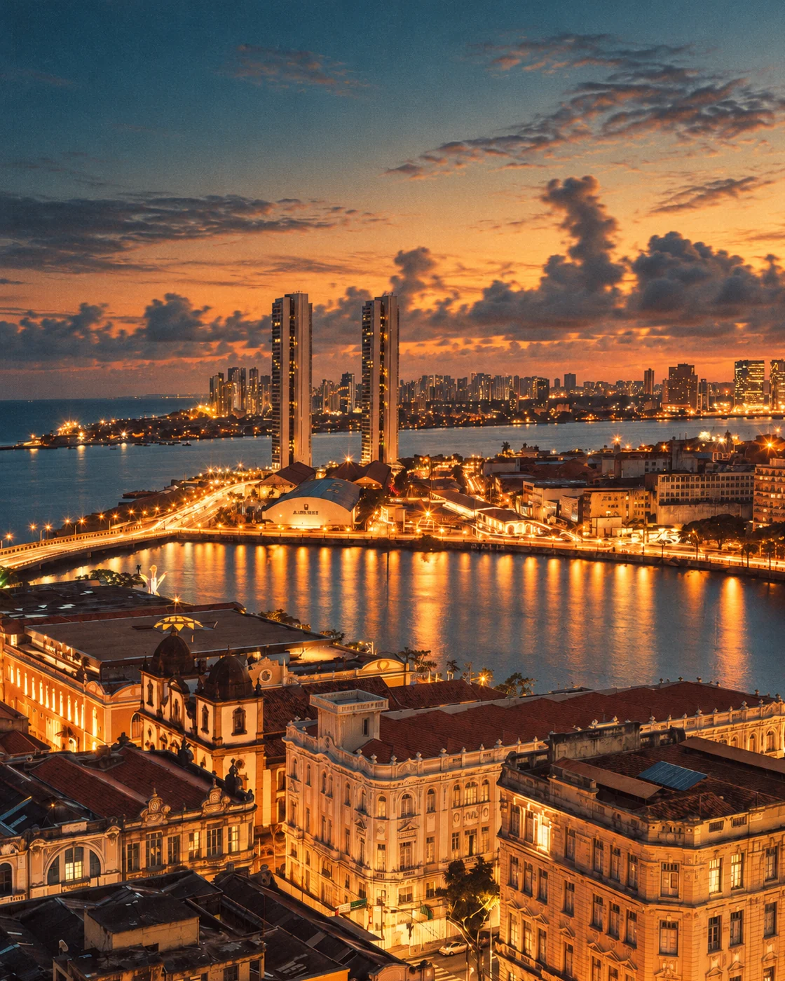 Recife Antigo ao entardecer: casario histórico iluminado, o rio refletindo as luzes e as torres no horizonte.